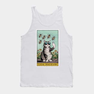 Funny Cat Selfie CICADAS Invasion 2024 - Vintage Tarot Card Tank Top